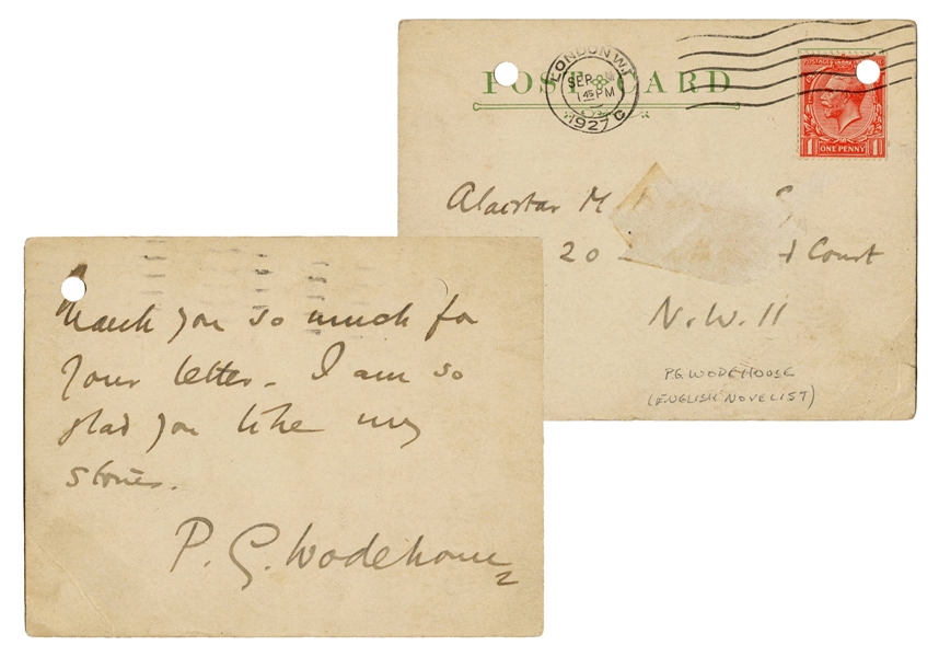  P.G. Wodehouse Autograph Postcard Signed. London, 1927. Tha...
