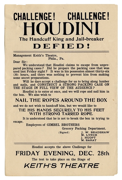  Houdini, Harry (Ehrich Weisz). Houdini Philadelphia Packing...