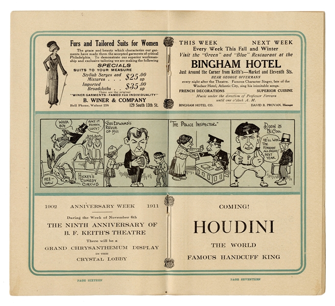  Houdini, Harry. Houdini 1911 B.F. Keith’s Theatre Program. ...