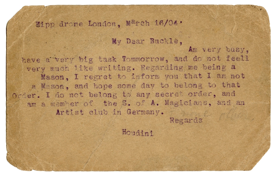  Houdini, Harry. Harry Houdini Typed Postcard. London: Mar. ...