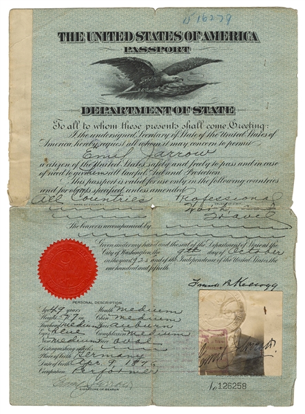  Jarrow, Emil. Emil Jarrow’s U.S. Passport. 1924/26. Officia...