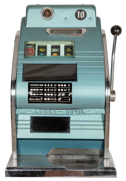  Lucky Devil Sega 10 Cent Slot Machine. Height 26”. Pale blu...