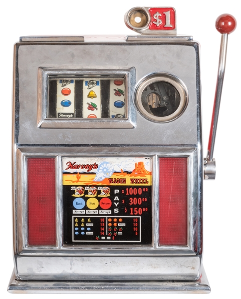  Harvey’s Wagon Wheel Casino $1 Slot Machine. Height 20”. Wi...