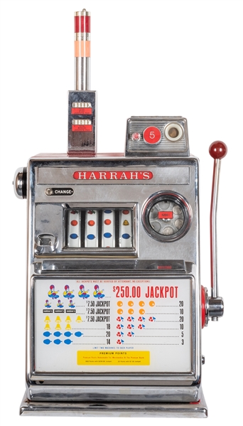  Harrah’s 5 Cent Casino Slot Machine. Height 22”. Lacks keys...