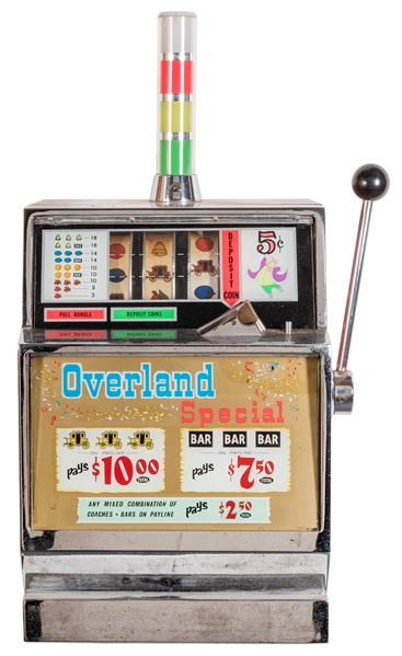  Overland Casino 5 Cent Slot Machine. Height 22”. With key.