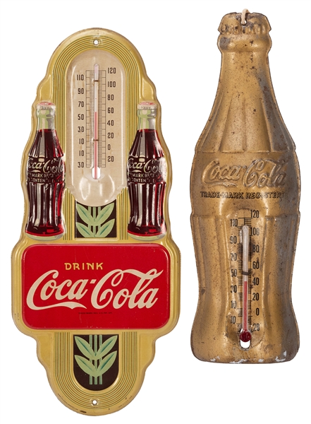  [Coca-Cola] Pair of Coca-Cola Thermometers. 1940s/50s. Embo...