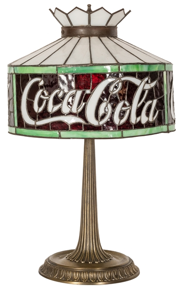  Coca-Cola 1920s Leaded Glass Lamp Shade. Original red, gree...