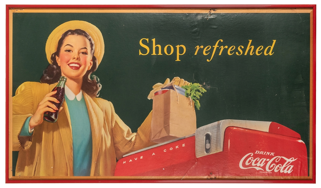  Coca-Cola “Shop Refreshed” Advertising Sign. 1948. Colorful...