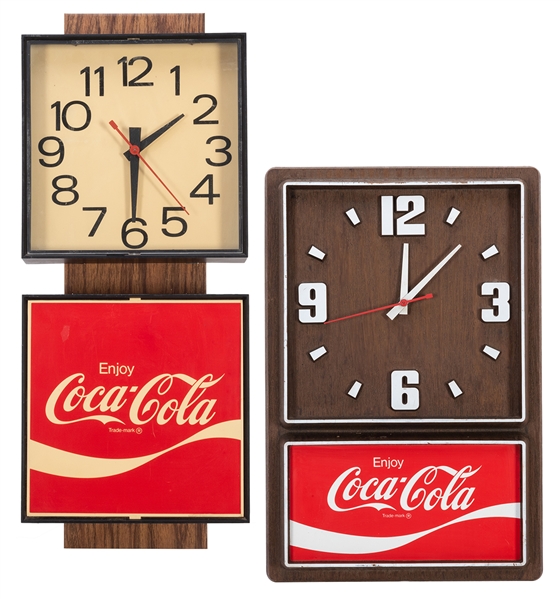  Two “Enjoy Coca-Cola” Wall Clocks. 1970s. Molded plastic, r...