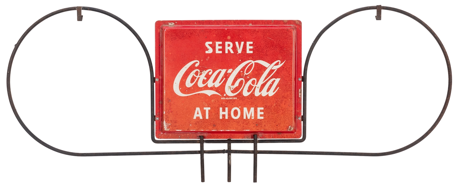  Serve Coca-Cola at Home Hanging Sign. Circa 1960. Double-si...