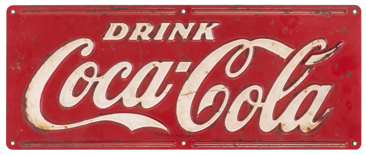  Coca-Cola Embossed Tin Sign. Mid-century red and cream embo...