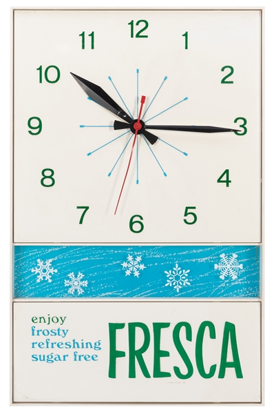  Fresca Electric Wall Clock. 1970s. Clock dial above snowfla...