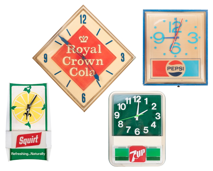  Four Vintage Soda Advertising Clocks. Circa 1970s. Electric...