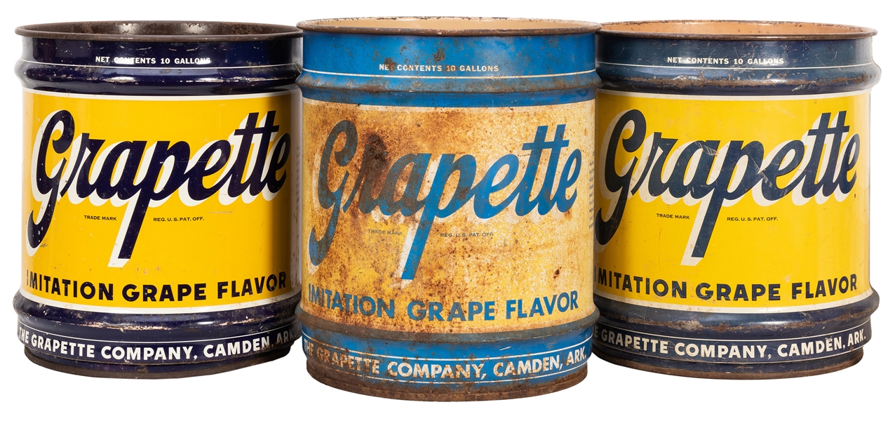 Grapette Syrup Drums. Lot of 3. Three ten-gallon metal drum...
