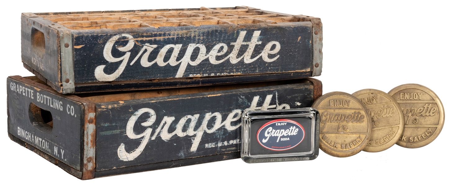  Grapette Brass Sidewalk Markers and Wooden Crates. Includin...