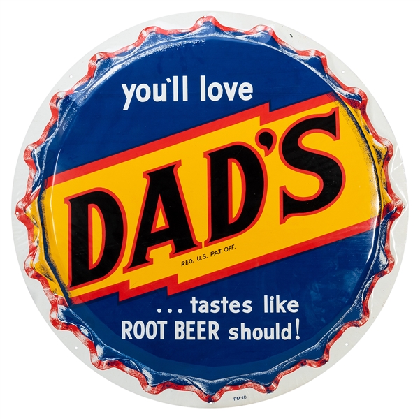  Dad’s Root Beer Bottle Cap Sign. Diameter 29 ¾”. A fine exa...