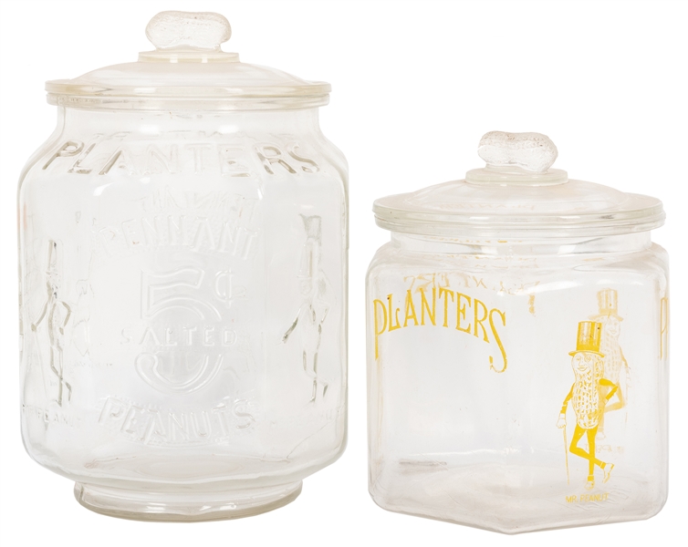  Pair of Planters Peanuts Jars and Lids. Colorless glass jar...