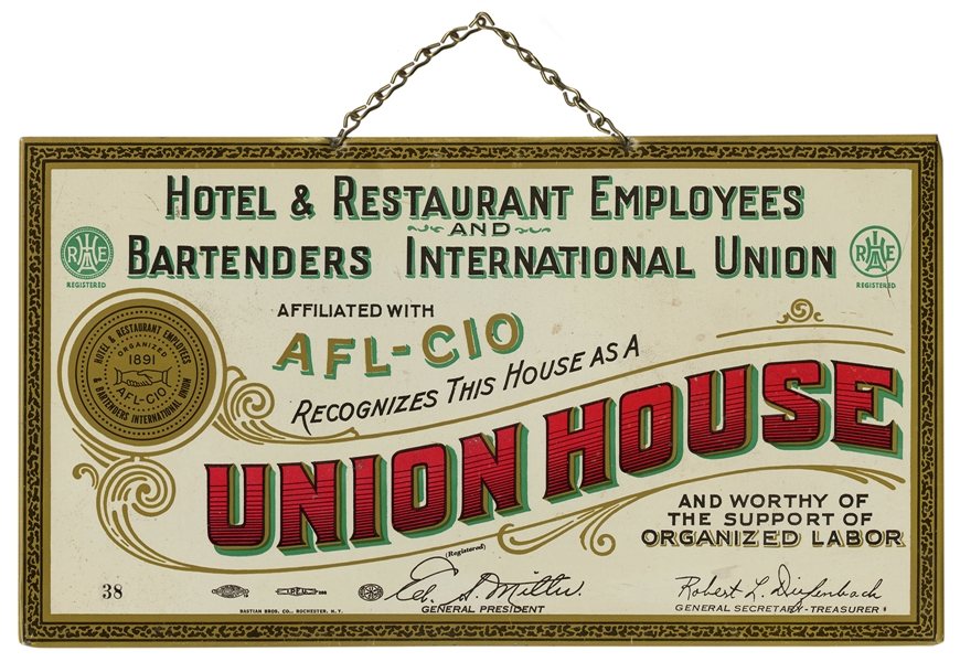  Hotel, Restaurant, and Bartenders Union House Sign. Lithogr...