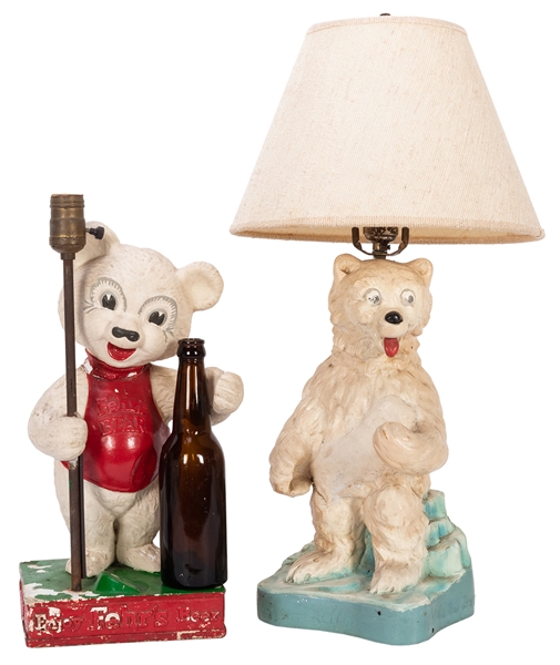  Pair of Fehr’s Beer Bear Lamps. Figural chalkware lamps adv...