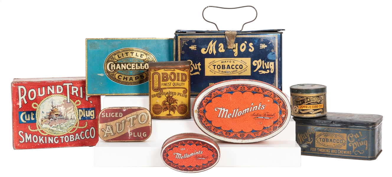  Group of Nine Early Tobacco Tins. Includes Mayo’s, Mellomin...