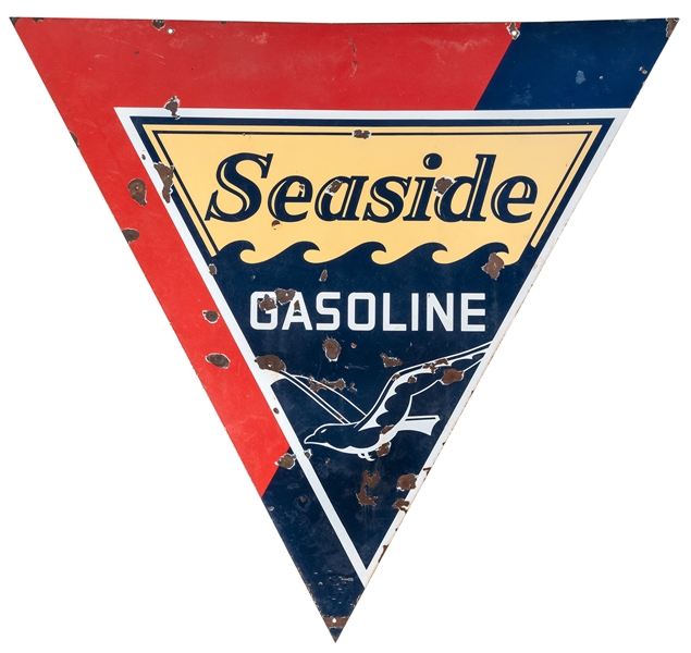  Seaside Gasoline Sign. Double-sided porcelain sign, triangu...