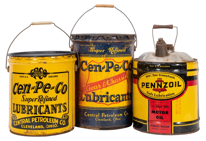  Three Five Gallon Vintage Oil Cans. Including one Penzoil, ...