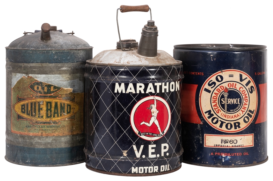  Three Five Gallon Vintage Oil Cans. Including one Blue Band...