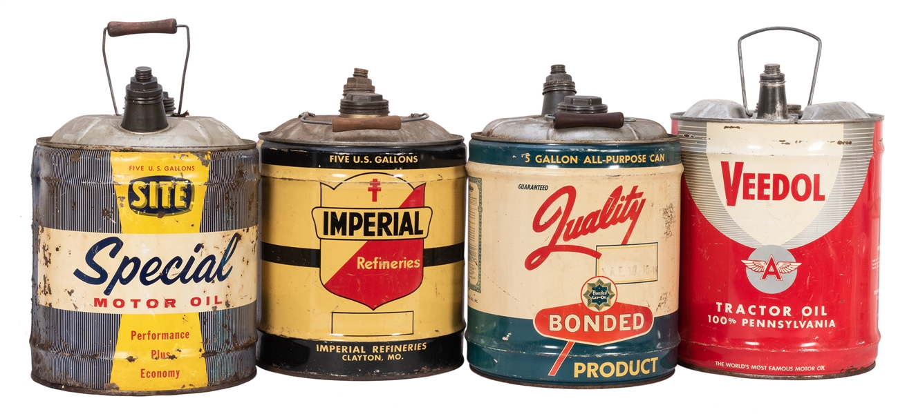  Four Five Gallon Vintage Oil Cans. Including Veedol Tractor...