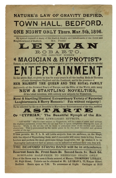  Astarte Levitation Handbill. Bedford, 1896. Letterpress han...