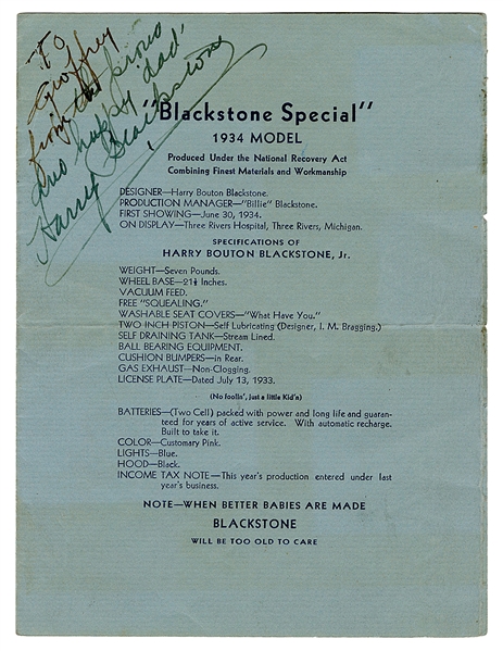  Blackstone, Harry. Harry Blackstone Signed Birth Announceme...