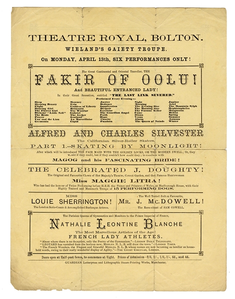  Fakir of Oolu Program. Bolton, ca. 1872. Letterpress progra...