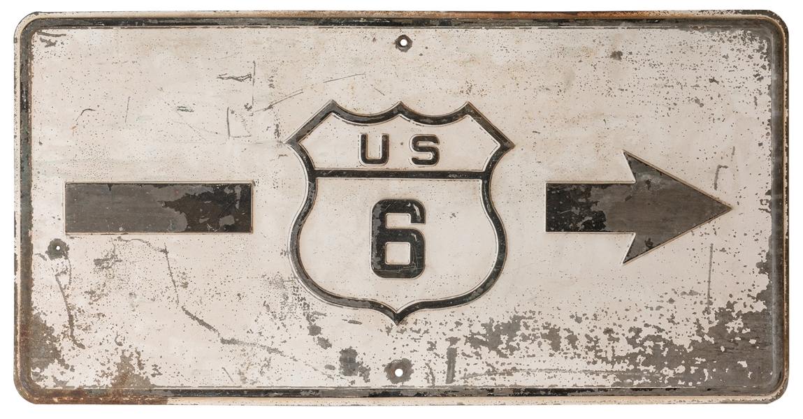  U.S. Route 6 Road Sign. Black and white tin sign with shiel...