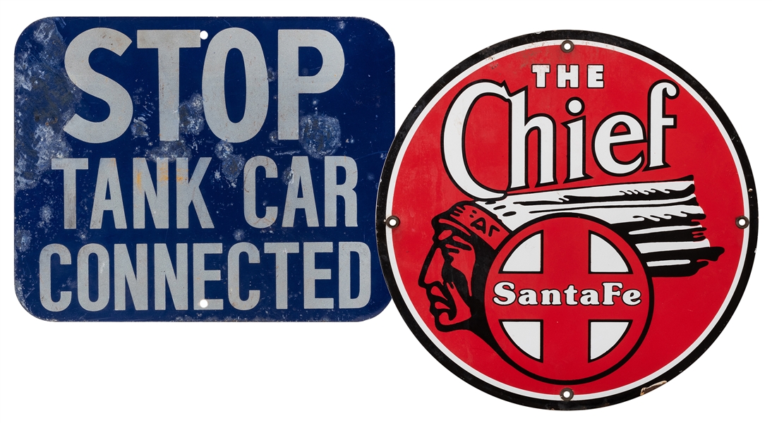  Pair of Railroad Signs. Including Santa Fe Chief round sing...