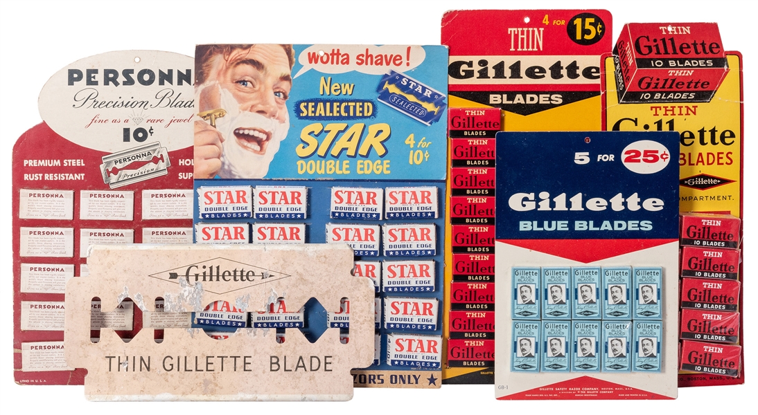  Group of NOS Razor Blades and Gillette Counter Standee. Inc...