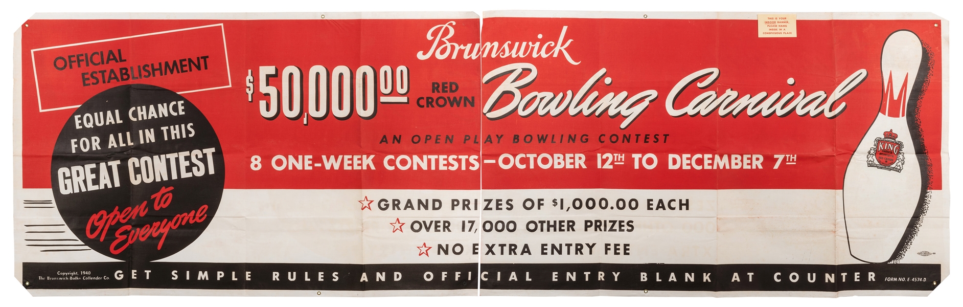 Brunswick Bowling Contest Advertisement Banner. The Brunswi...