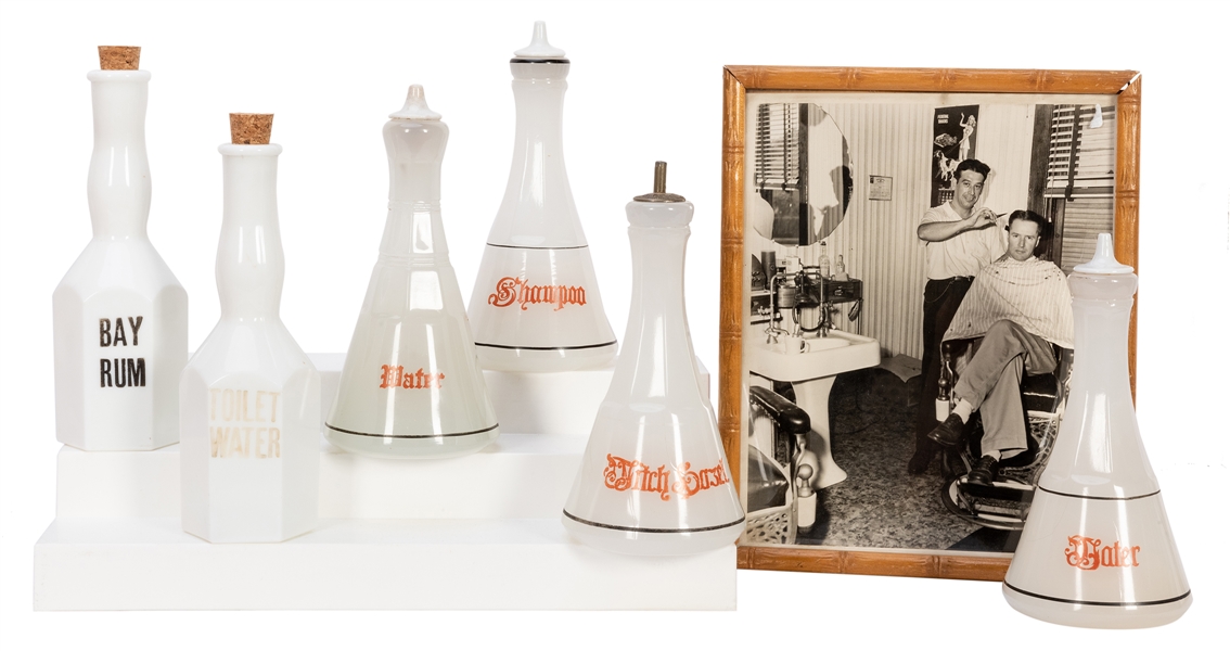  Group of Six Barber Bottles and Photograph. Including four ...