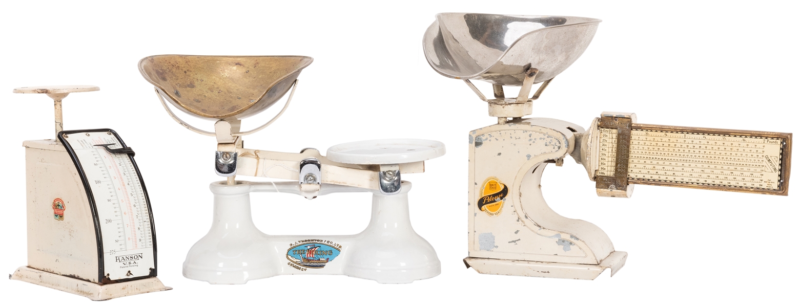  Lot of Three Kitchen and Candy Scales. Brass, porcelain, an...