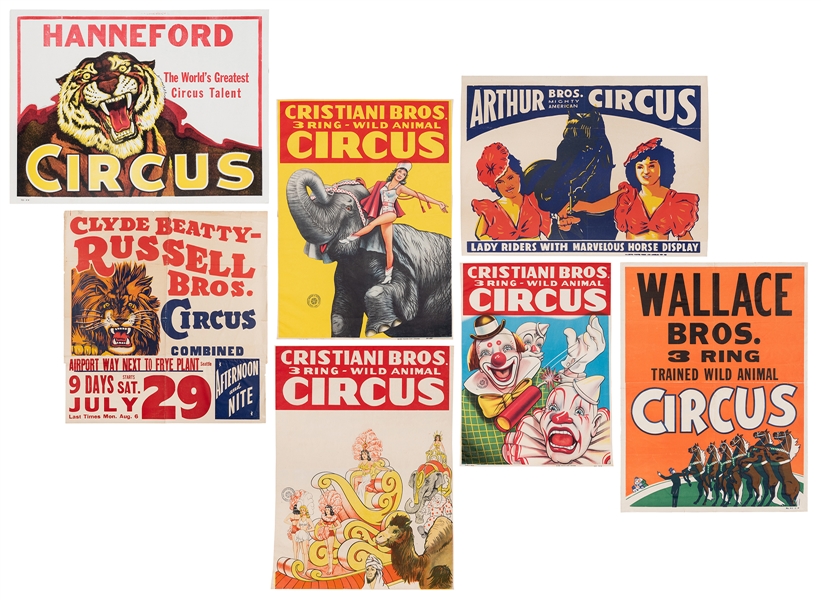 Group of 7 Half-Sheet Circus Posters. American, ca. 1950s/6...