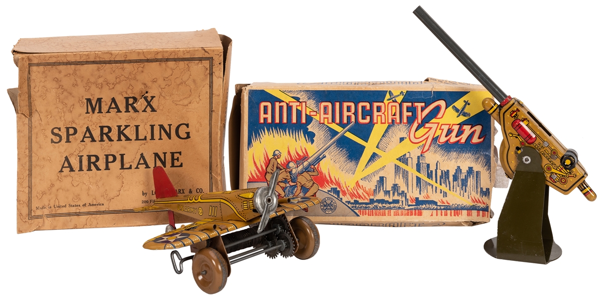  Marx Anti-Aircraft Gun and Sparkling Army Plane with Boxes....
