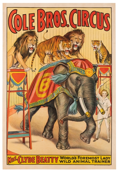 Cole Brothers Circus. Mrs. Clyde Beatty. Erie Litho, 1937. ...