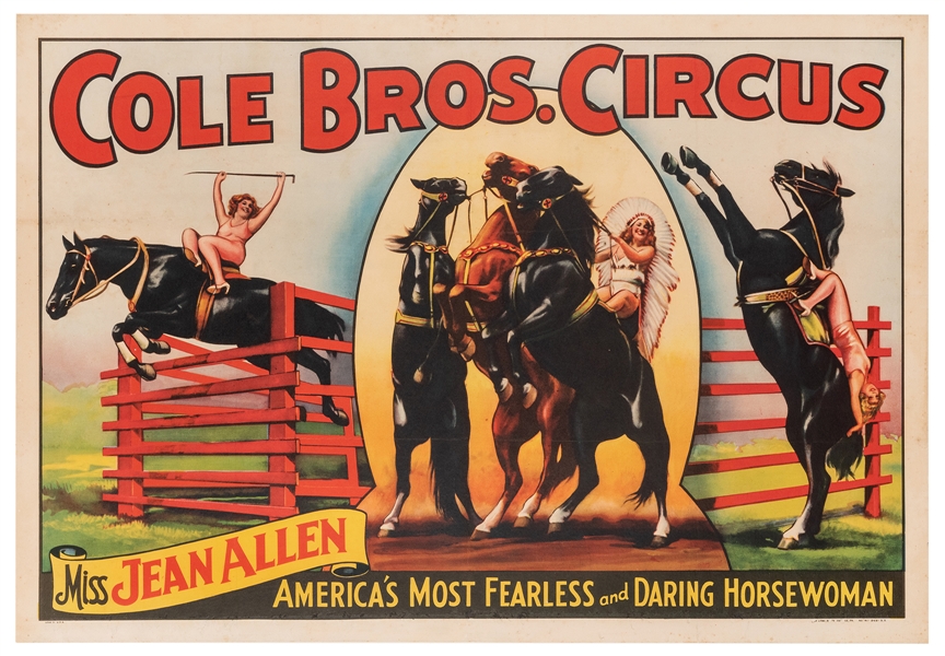  Cole Bros. Circus. Miss Jean Allen. Erie Litho, 1930s. Offs...