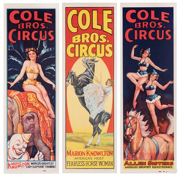  Cole Bros. Trio of Panel Posters. 1940s. Including (2) Mari...