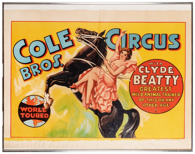  Cole Bros. Circus. with Clyde Beatty. Erie Litho, 1930s. Ha...