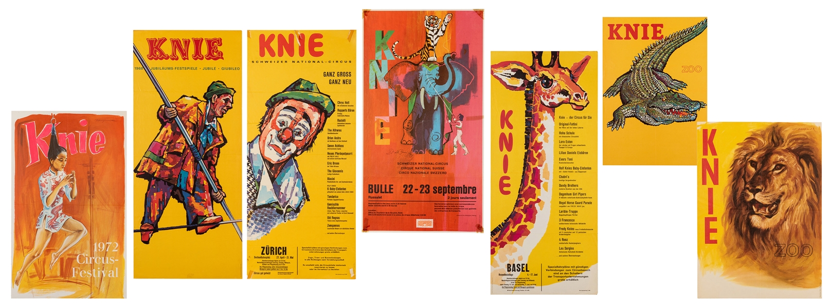  Seven KNIE Circus / Zoo Posters. 1960s/70s. Offset lithogra...