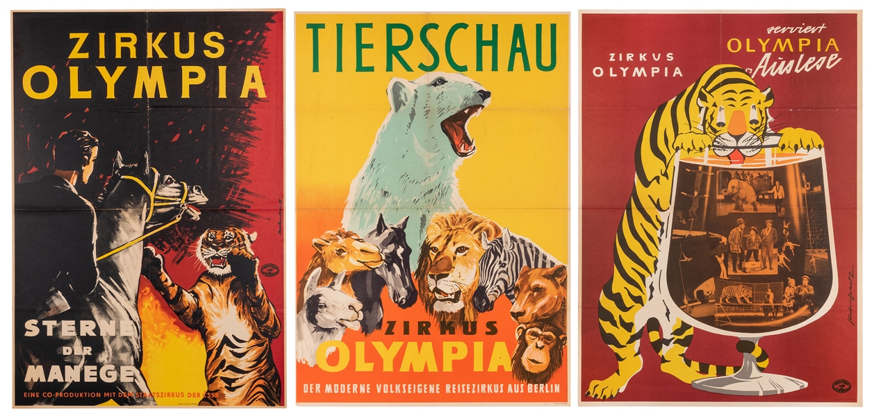  Zirkus Olympia. Trio of Posters. Berlin, 1960s. Offset lith...