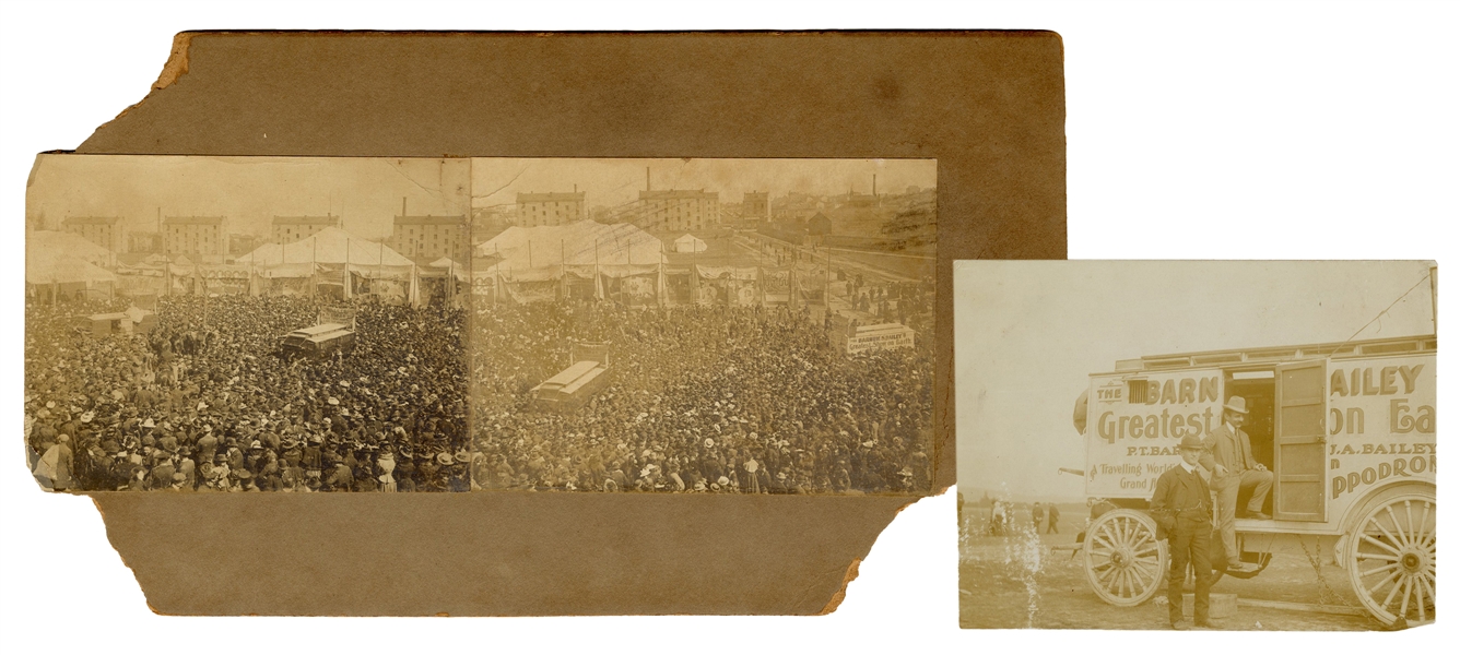  Early Barnum & Bailey Stereoview Card and Snapshot. Two pie...