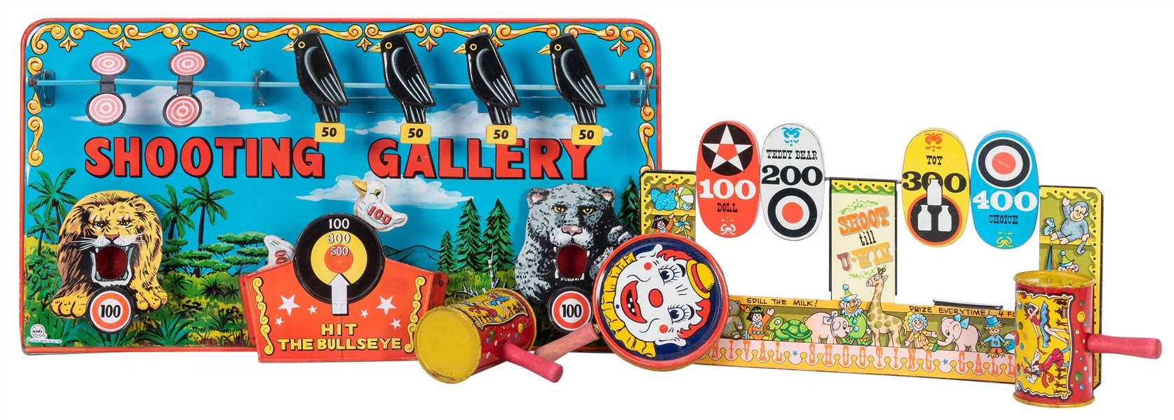  Tin Litho Shooting Galleries and Toys. Five pieces, includi...