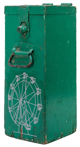  Carnival Ride Ticket Box. Oblong wooden box painted green w...