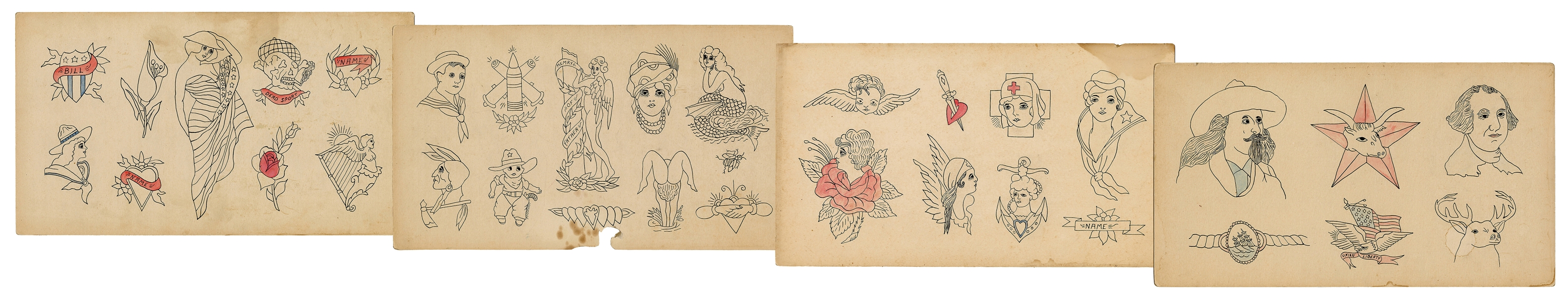  Four Tattoo Flash Sheets. American, ca. 1930s/40s. Four vin...