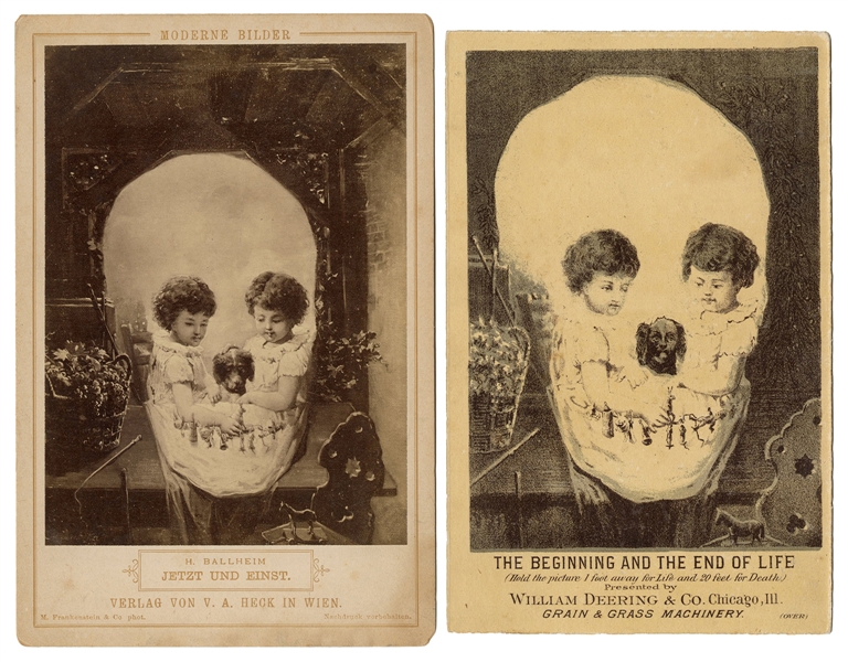  [Curiosity] Pair of Skull Optical Illusion Cabinet Cards. C...